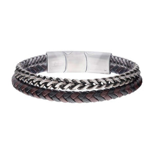 Multi Strand Leather and Stainless Steel Chain Bracelet