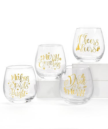 Gold Christmas Stemless Wine Glasses  Christmas Glasses – Jersey Art Glass