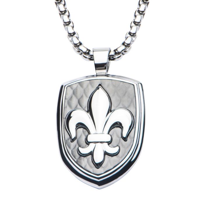 Stainless Steel & Carbon Fiber Fleur de Lis Dog Tag Pendant with