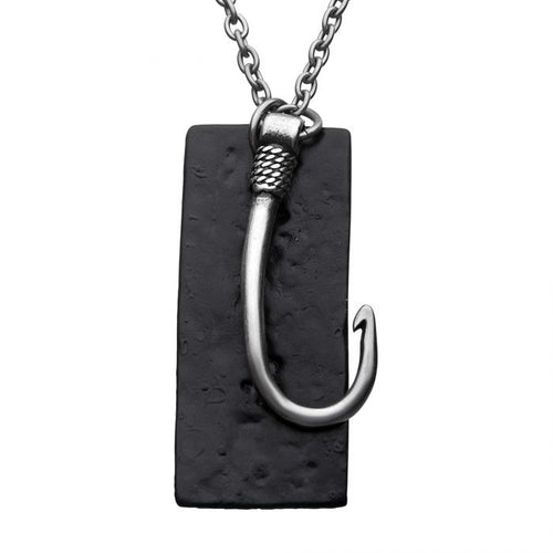Stainless Steel Antiqued Finish Fish Hook & Black IP Tag Pendant